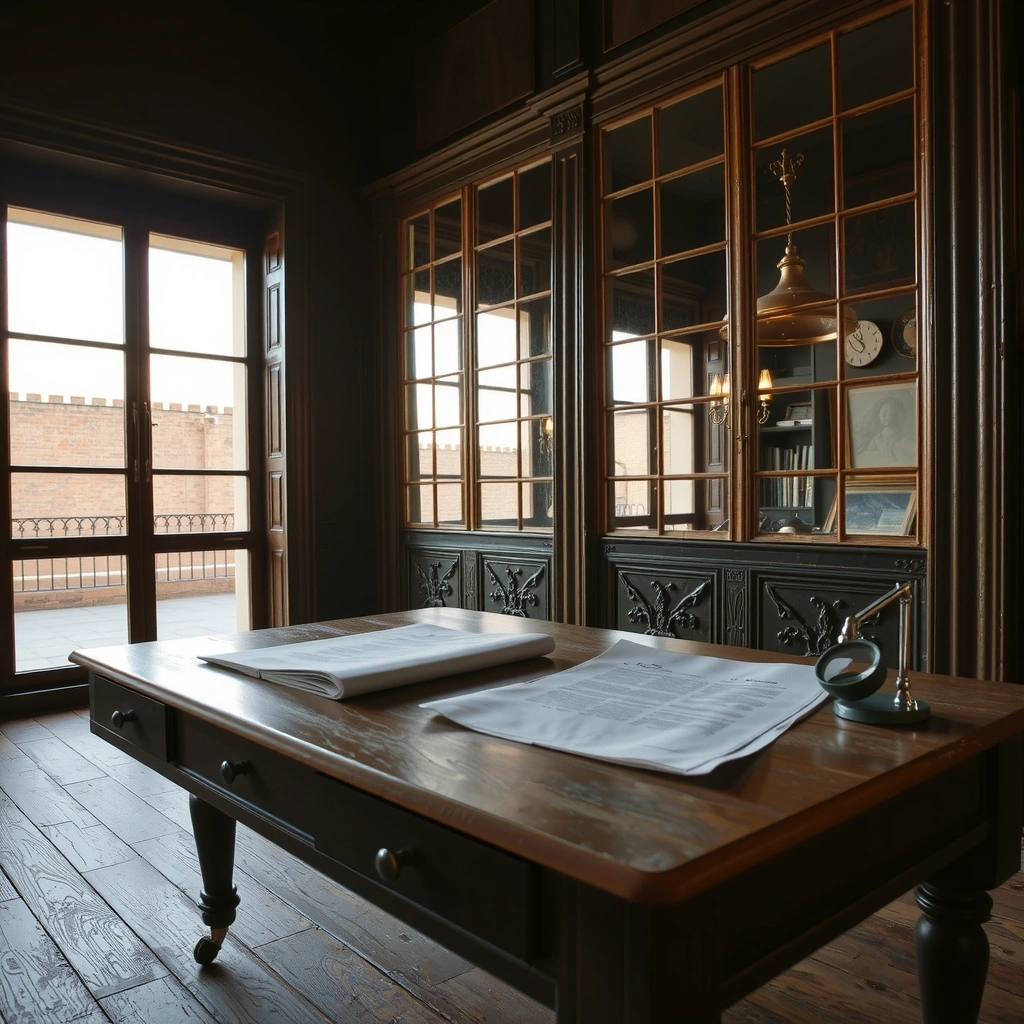 Historische Arbeitsplatte mit Dokumenten und Vergrößerungsglas